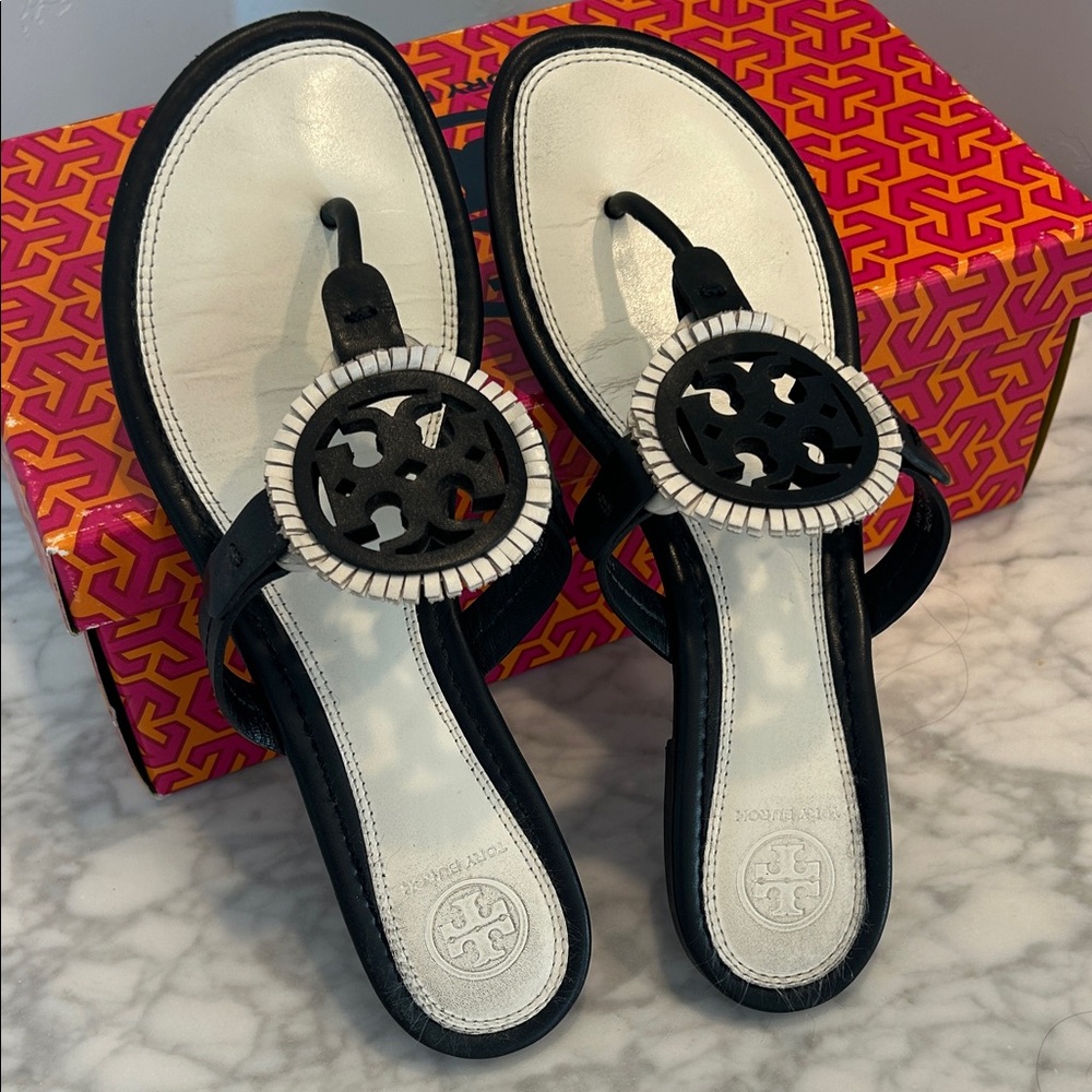 Tory Burch Black and White Logo Sandals